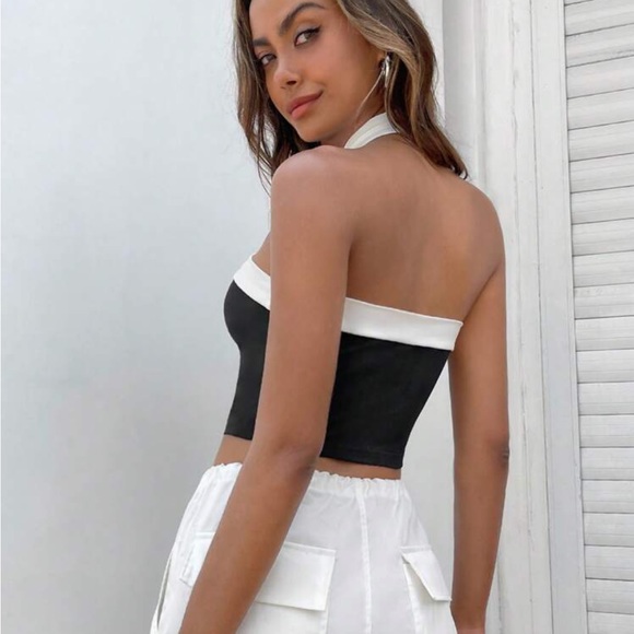 Black & white Two Tone Crop Halter Top cross cross neck - Picture 2 of 3